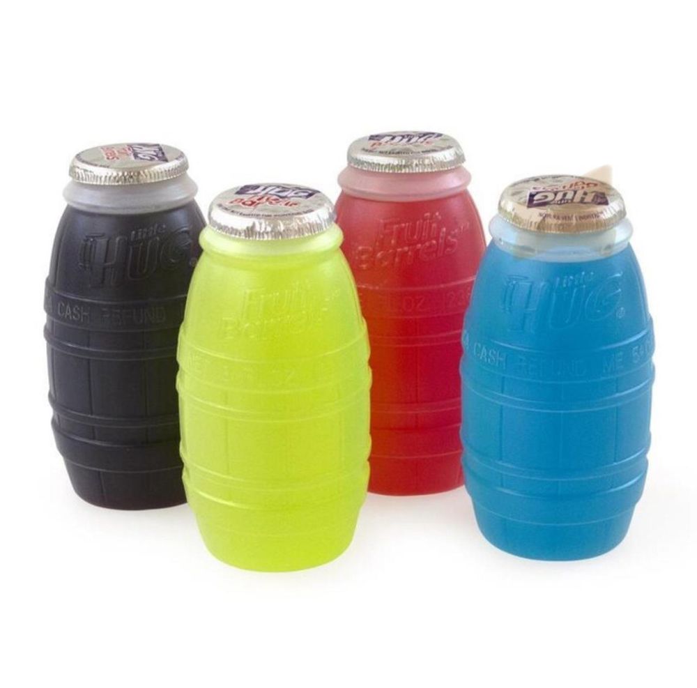 Four slightly opaque plastic jugs shaped like small barrels containing a sugary fruit drink in each (purple, yellow, red, and blue)
