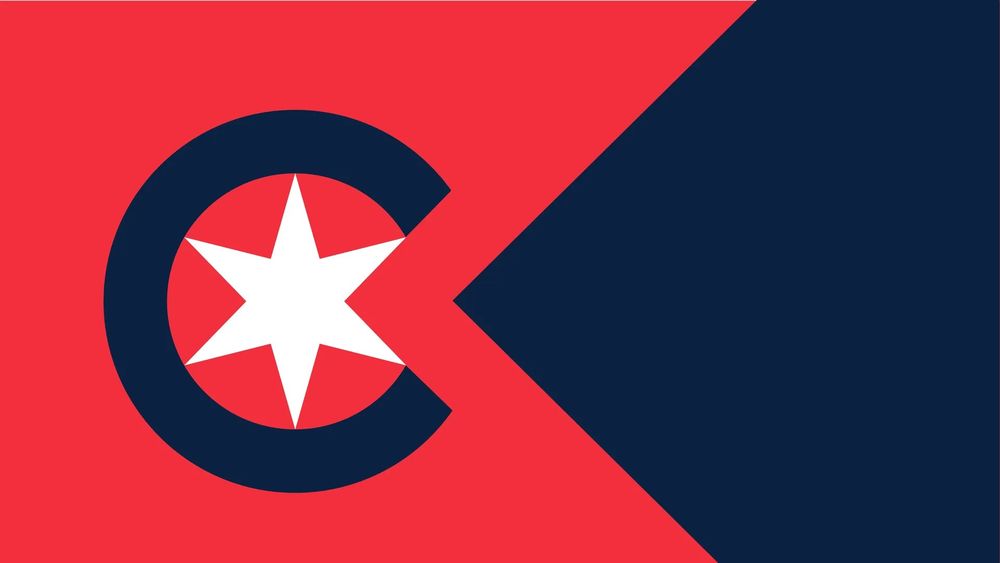 The People's Flag of Cleveland

It features a blue C and a white six pointed star on a red background. On the left side. The blue C represents the Cuyahoga River. 

The right third of the flag is a blue triangle, representing Lake Erie.