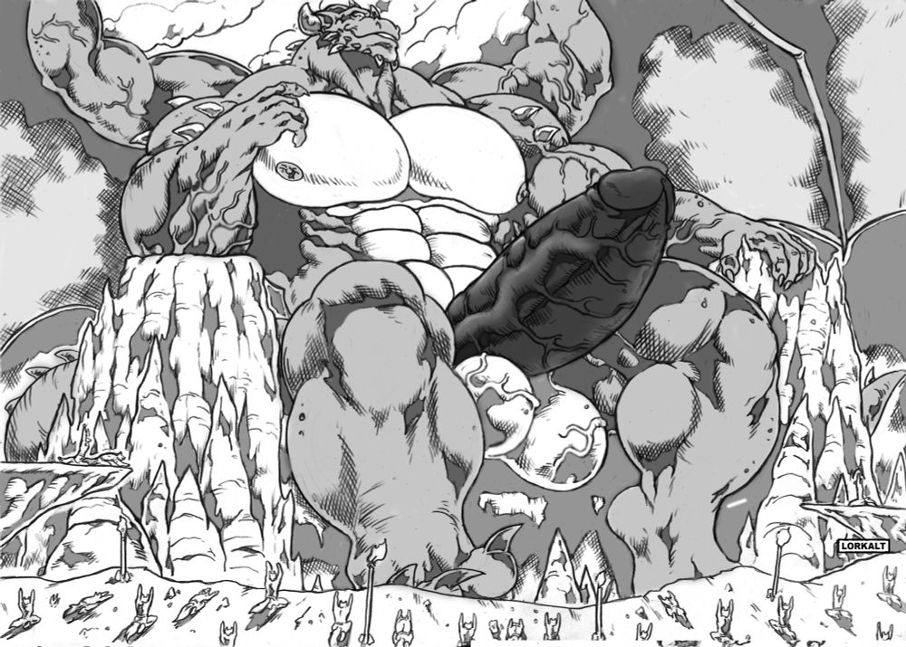 Lord Vice, taller than a mountain, seated upon a throne of rock as dozens of small worshippers bow and praise His muscular body. 