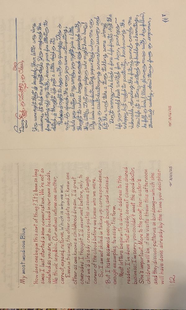 Handwritten copies of page 12 and 21 from This is How You Lose the Time War. Page 12 is mostly in red ink and a fairly naive print handwriting. Page 21 is mostly in blue ink and a decidedly extra cursive.