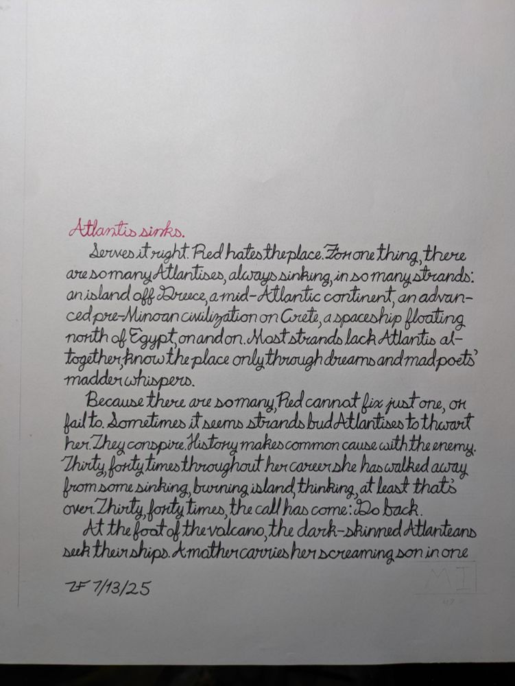 Page 47 of This is How You Lose the Time War, in cursive. Black ink except for the first two words "Atlantis sinks" which are red. 
