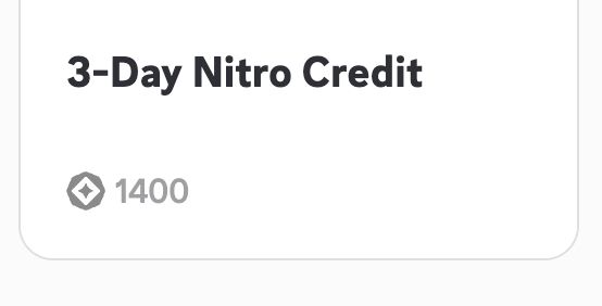 An image featuring a text label that reads "3-Day Nitro Credit" followed by a numerical value of "1400" and an icon resembling a diamond.
