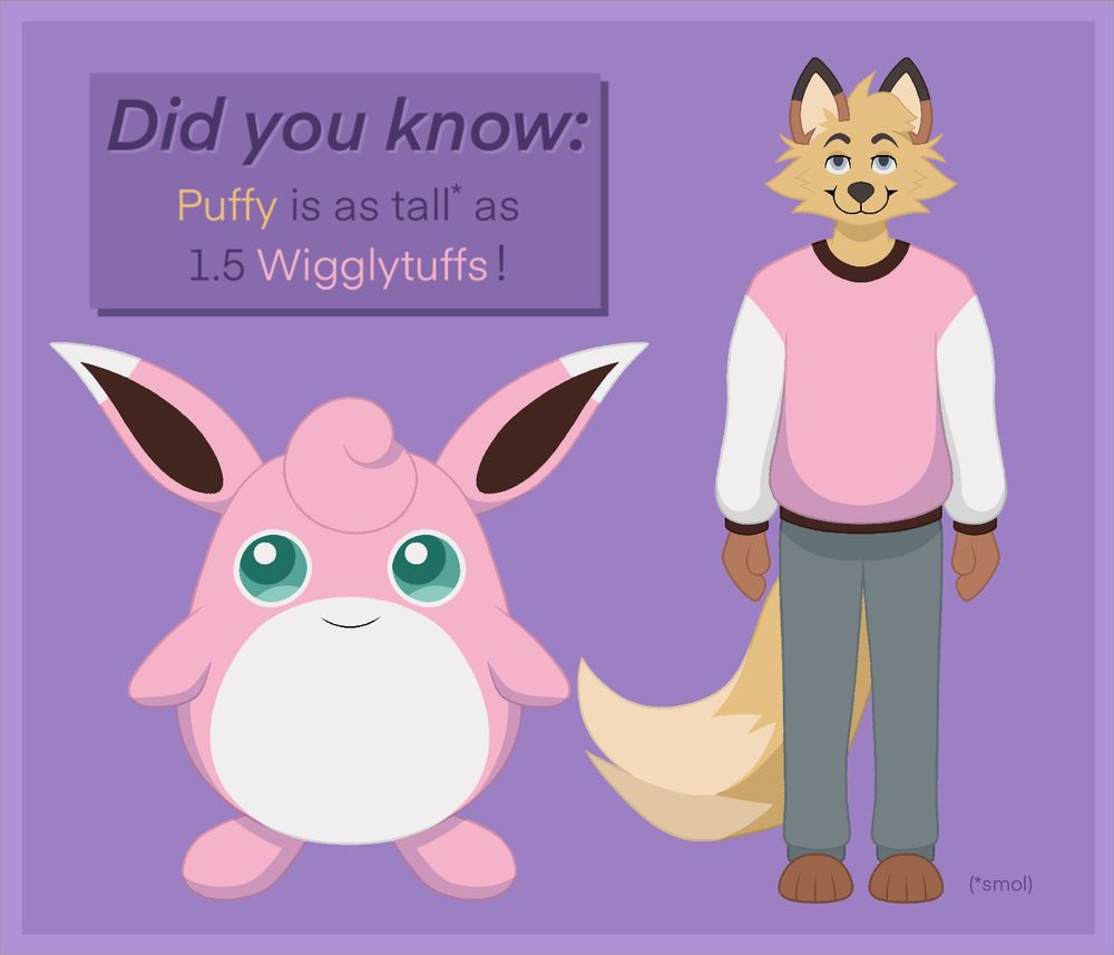 The image is a side-by-side view of Puffy, an anthropomorphic fox, and Wigglytuff, a Pokémon. The test states "Did you know: Puffy is as tall as 1.5 Wigglytuffs!" The word tall has a asterisk after it and in the lower right corner the corresponding footnote reads *smol (small). Wigglytuff and Puffy are both smiling, and Puffy is wearing a sweatshirt that mirrors Wigglytuff's color scheme of pink and white.