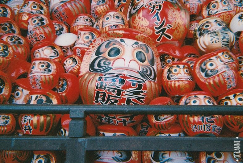 Un tas de daruma les uns sur les autres, il y en a de toutes les tailles et au centre un très gros. Au premier plan on voit une barrière en bois qui les retient.