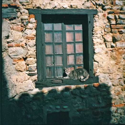 Une fenêtre en bois à petits carreaux sur un mur en grosses pierres. Un chat rayé gris est couché sur le rebord.