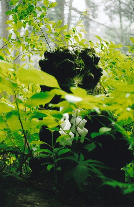 Un komainu très moussu au milieu de la végétation très verte. On distingue juste sa silhouette. Autour du cou il a des shige.