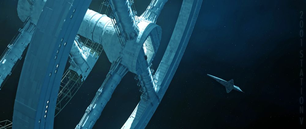 An Orion shuttle craft approaches Station V.  Depicting a scene seen in the move 2001:A Space Odyssey. The shuttle is aircraft shaped and is lit from above, we are viewing it slightly from below. The Space staion is a large four spoked wheel structure with an open space door in the central hub. Overall the colour tone is blue against a dark space background. 