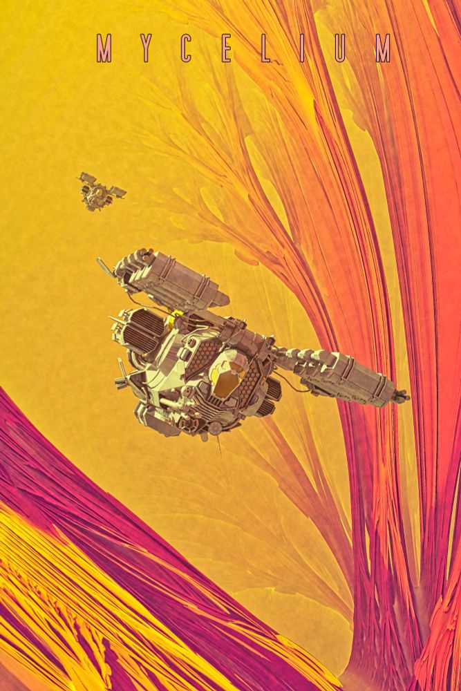A digital image of a scifi harvester vehicle flying through brightly coloured fungal growth like structures. 