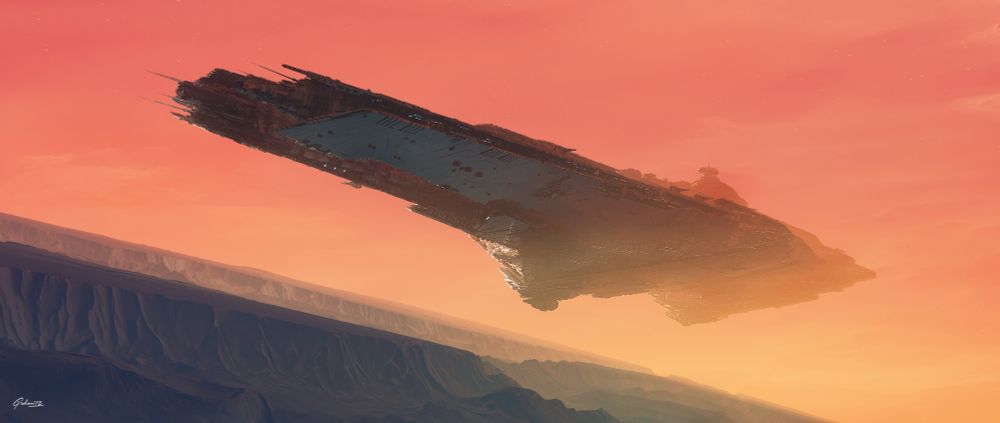 A huge city sized spacship over a rocky barren landscape. 
