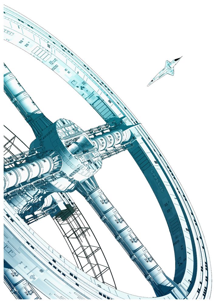 An Orion shuttle craft approaches Station V.  Depicting a scene seen in the move 2001:A Space Odyssey. The shuttle is aircraft shaped and is lit from above, we are viewing it slightly from above. The Space staion is a large four spoked wheel structure with an open space door in the central hub. The image is rendered in a blue tone with an inked outline.