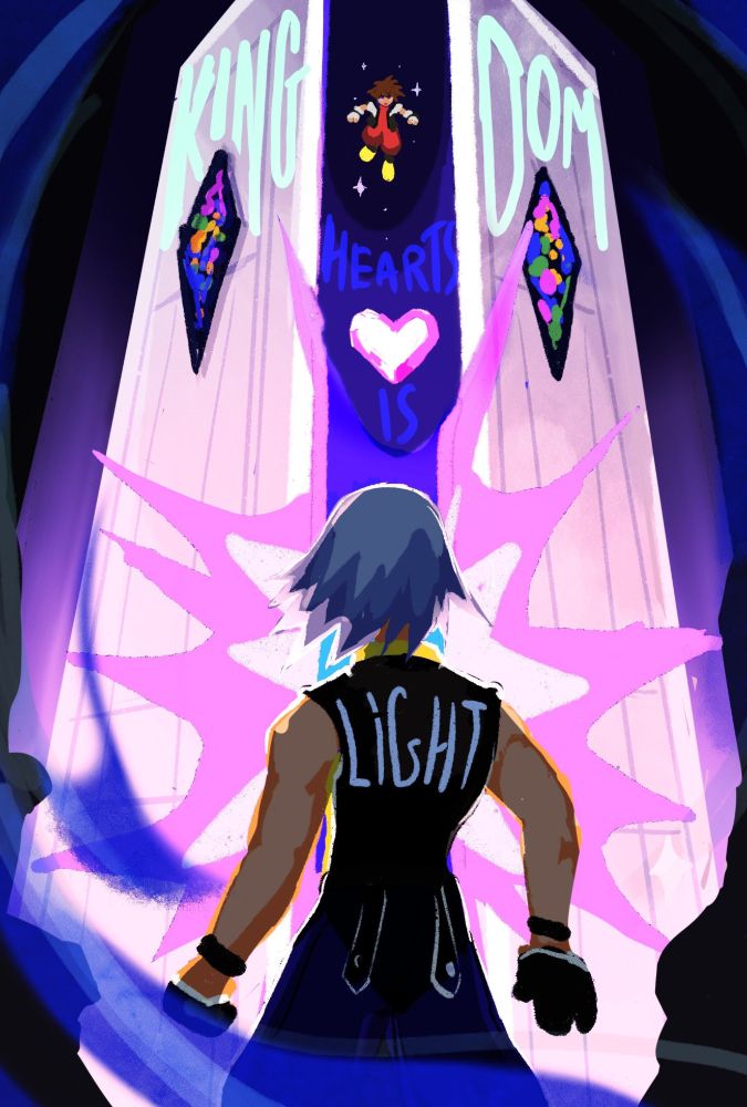 Riku looking up at Sora through the door to light, the words, "Kingdom hearts is light" incorporated throughout the image. The word "light" is on Riku's back. 