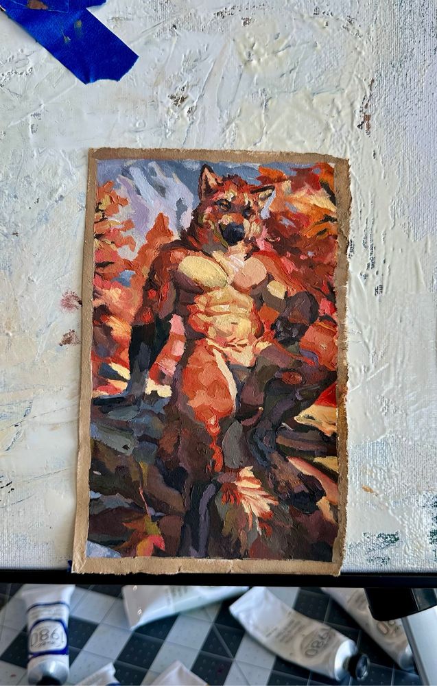 A picture of dumpling resting on a rock face carved out by the glacial melt river seen in the lower left hand corner. There a little maple leaf partially dipped in shade and the water while its vibrant vermillion color shines through , the background is composed of autumnal trees( that someone blend into dumplings color scheme ) followed by a mountain peak cradling the glaciers that feed the streams similar to this one 
