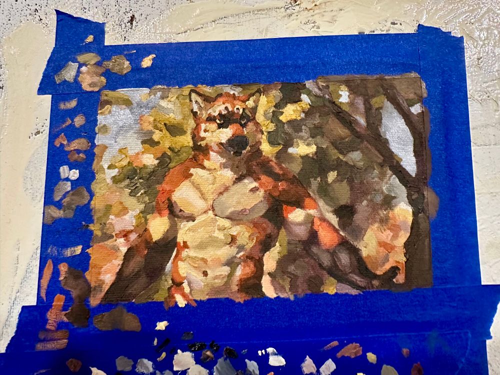 A oil painting of dumpling spreading his arms out , similar to how you would signal a hug, but due to some happy accidents around the planes of the snout& eye brows dumpling looks much more intimidating. The background is a small  green tree still retaining much of its cubic shape, followed by dabbles of a blue sky and autumn foliage in the far background 