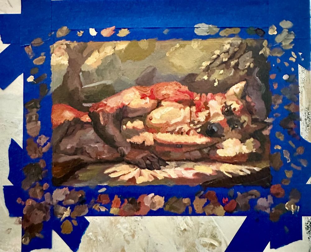 A oil painting of my character dumpling resting underneath the shade of golden erdtrees 