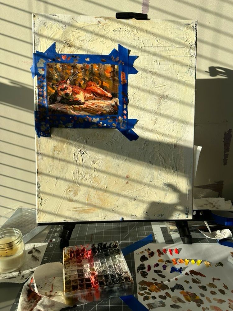 A glimpse into a bit of my setup and the tiny maquette drawing of dumpling! He’s laying on a slate rock and partially sticking his butt up 