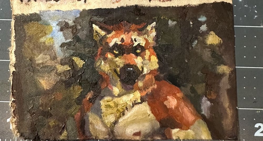 A tiny painting of dumpling to function as a badge it shows a headshot of dumpling looking at the viewer with a forest in the background 