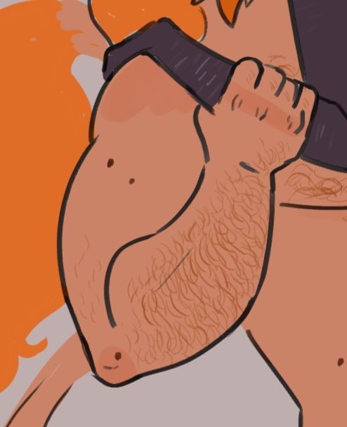 Close crop of the current wip, Solar's big ole arms featuring some pretty nice looking hair. He's holding Salix's forearm in his hand.