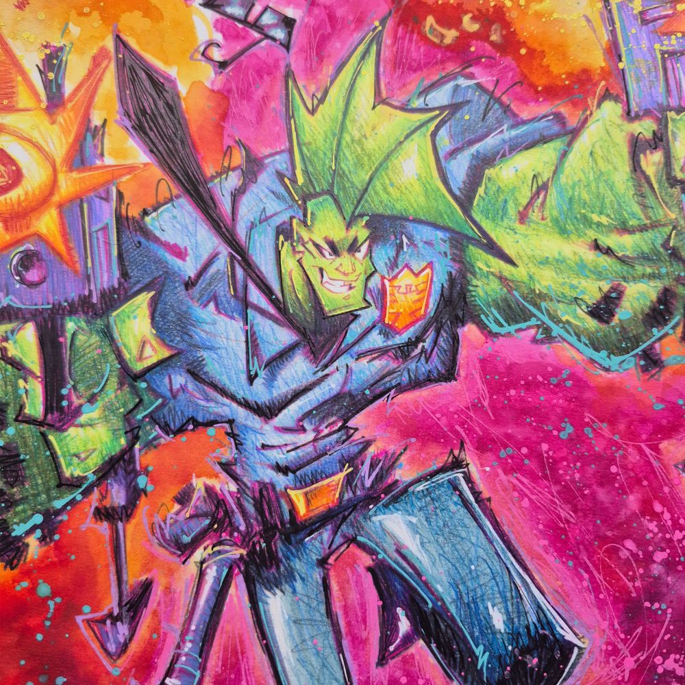 Hand-drawn commission of Savage Dragon, exploding through a fiery background in a vibrant, scribbly mixed-media style. Neon oranges, hot pinks, and intense greens dominate the scene with comic-book energy.