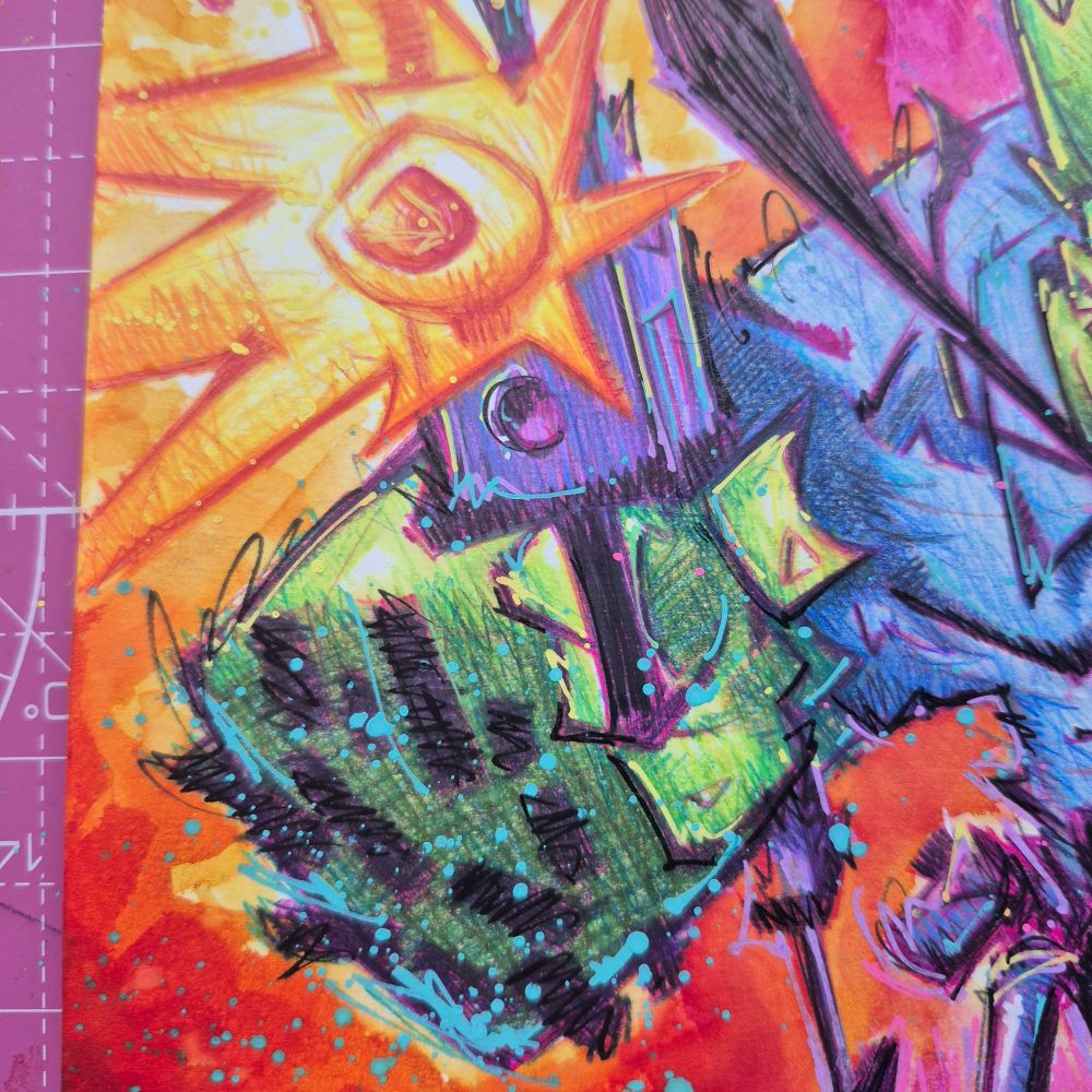 Hand-drawn commission of Savage Dragon, exploding through a fiery background in a vibrant, scribbly mixed-media style. Neon oranges, hot pinks, and intense greens dominate the scene with comic-book energy.