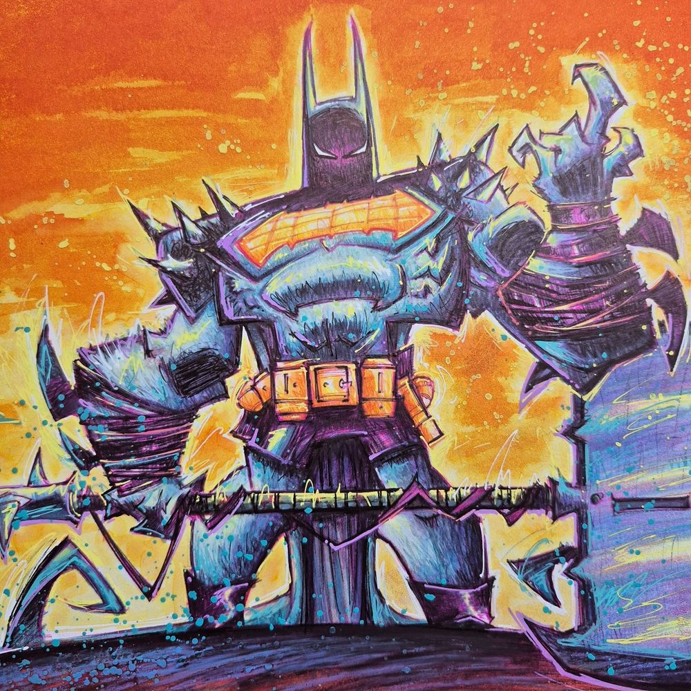Close-up of Chonky Batman’s upper body, his spiky shoulders, glowing chest plate, and scowling mask explode against an orange watercolor sky. Neon scribbles and splatters give him big “I’m the problem” energy.