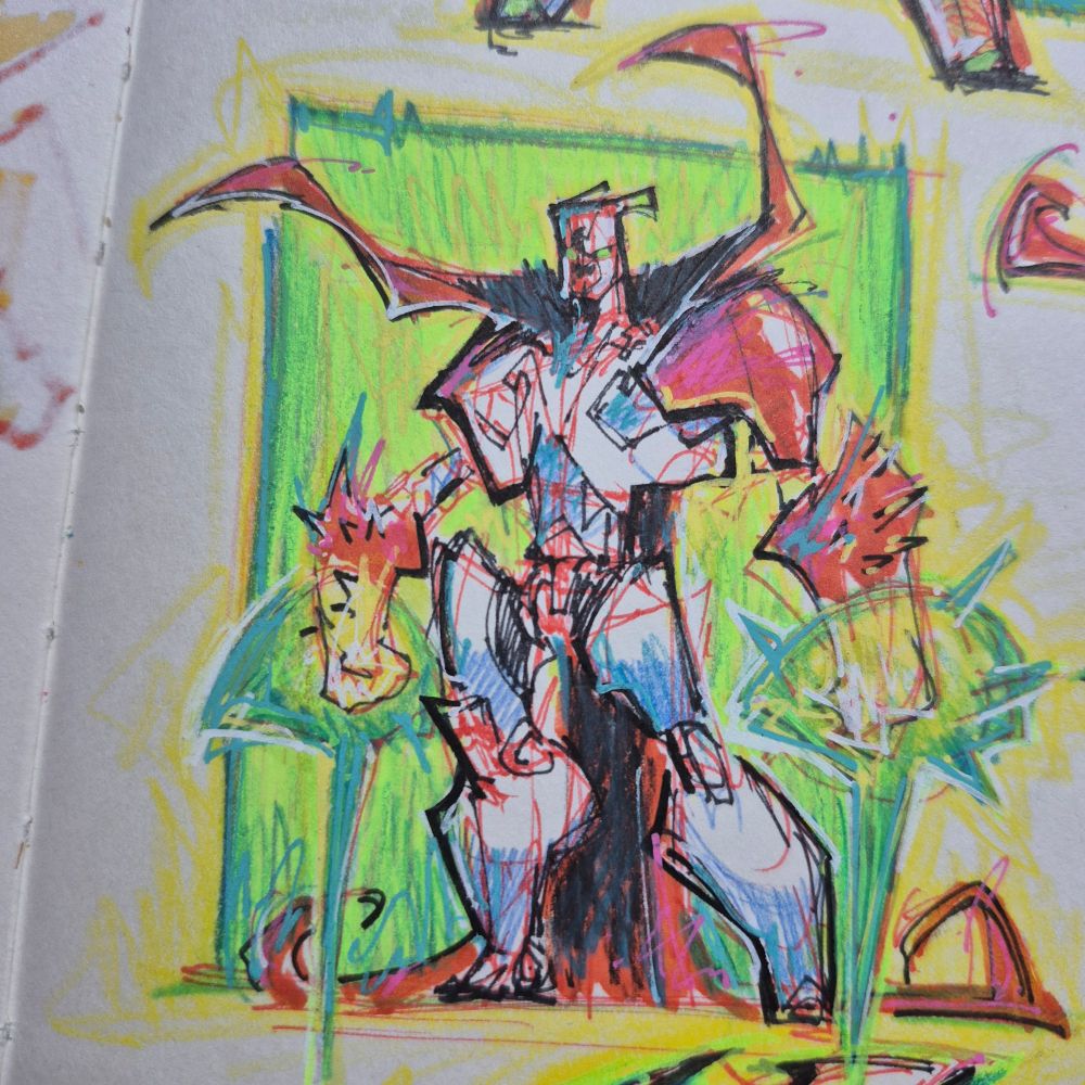 Rat City Spawn stands tall in a wide hero stance, jagged armor gleaming and dragon‑head fists raised like trophies. His red cape flares against a neon green backdrop, ready to raise hell and keep the city Spawn‑der control.