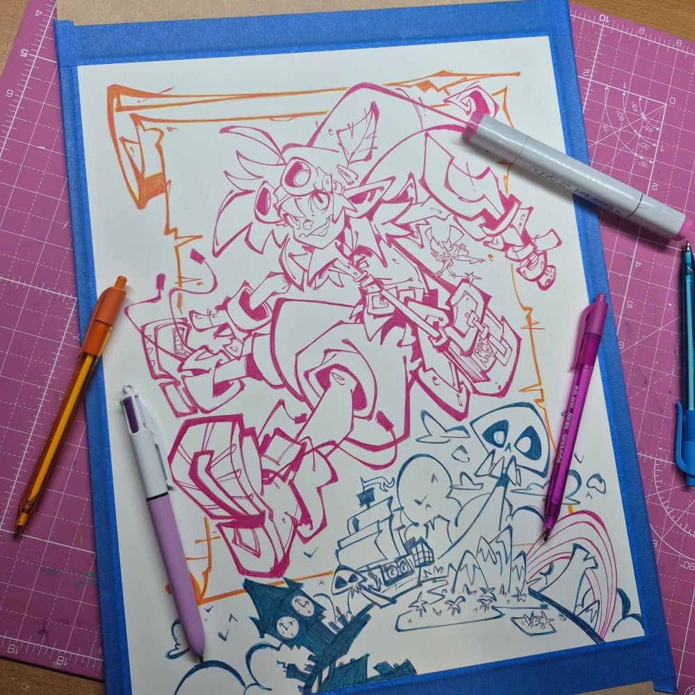 Peter Pan’s mid-air and mid-trouble, caught in that sweet spot between mischief and mayhem. Scribbly lines in hot pink and fire orange bring the kid to life, swinging a giant keyblade like he’s ready to unlock some skulls. In the backdrop, we’ve got a pirate ship, a spooky skull island, and all the Neverland vibes sketched out in cool blue. It’s still early days—just ink on paper so far, but the energy’s already off the charts. Tape’s down, markers are out, and next stop: color city.