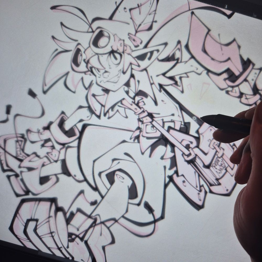 Rough digital sketch of a wild, high-energy Peter Pan mid-leap, big hair, goggles, oversized boots, and a satchel full of attitude. Lines are still raw, with pink underdrawing showing through. Stylus in hand, locking in that scribbly flow on the tablet. Real punchy, real fun.
