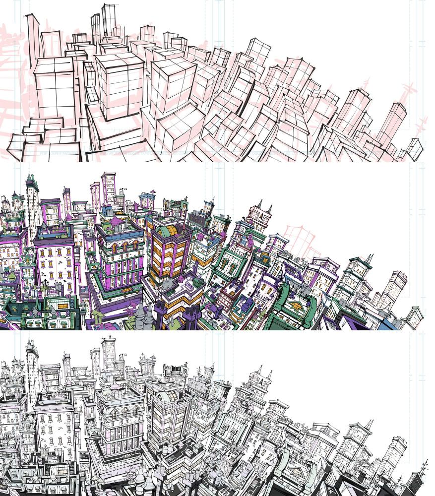 Three‑panel breakdown of a city build‑up.

First panel: nothing but raw, chunky block shapes stacked in perspective, like a kid went wild with toy bricks. Pink boxes and black outlines lean and overlap, hinting at towers, rooftops, and alleyways before anything real exists.

Second panel: the city comes alive in full color, purple towers, gold roofs, little green patches, windows and details popping everywhere. It’s still the same blocky foundation, but now it feels like a breathing, lived‑in skyline.

Third panel: tight black‑and‑white inks finish the job. Every box now screams “building,” with bold linework, packed windows, and rooftops layered like a comic book splash page. The pile of simple shapes has fully transformed into a dense urban sprawl, like a lost page out of a 90s comic book.