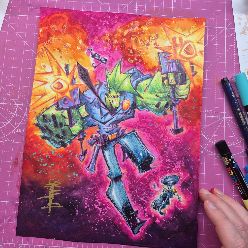 Hand-drawn commission of Savage Dragon, exploding through a fiery background in a vibrant, scribbly mixed-media style. Neon oranges, hot pinks, and intense greens dominate the scene with comic-book energy.