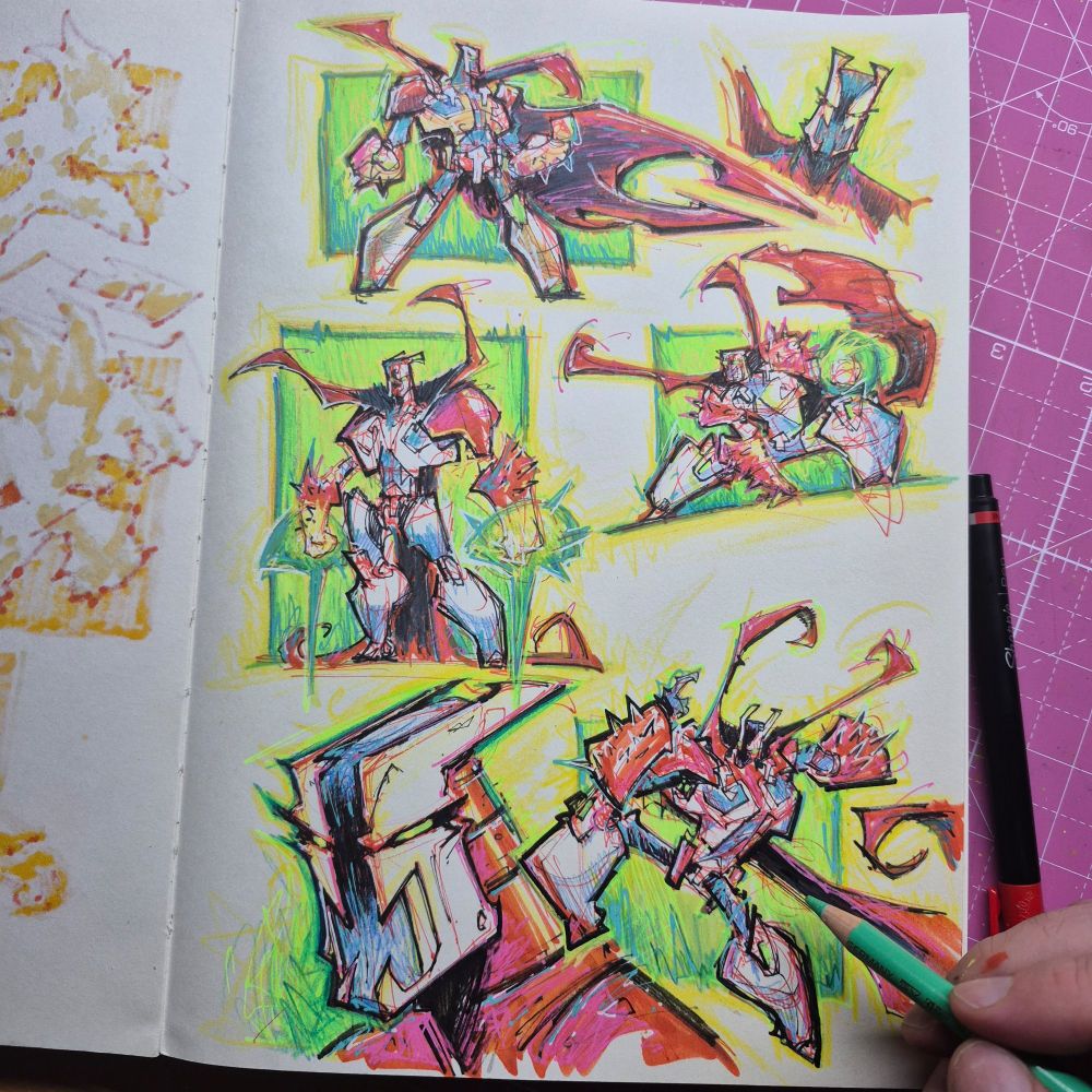 A sketchbook page bursting with neon-colored Rat City Spawn drawings, five main poses and one big close‑up of his helmeted head. The character is a jagged, armored version of Spawn, with sharp shoulders, heavy boots, and a long, flowing cape that whips around like it has its own personality. The sketches are done in layers of bright red, pink, yellow, green, blue, and black, making the page feel alive with energy.

In the top left, Spawn stands tall, arms slightly out, with his cape sweeping wide behind him. Top right shows him leaping forward, cape arcing overhead, looking ready to slam into a fight. Center left has him holding two spiked, dragon‑head gauntlets up in a triumphant pose. Bottom right is a dynamic mid‑swing attack, his body twisted with motion, claws and cape flaring. The bottom left is a massive close‑up of his helmet, angular, glowing, and full of attitude.

The whole page feels like a 90s comic book fever dream, pure feral energy, all scribbled lines and glowing colors, as if Spawn himself crawled out of Rat City and onto the paper.