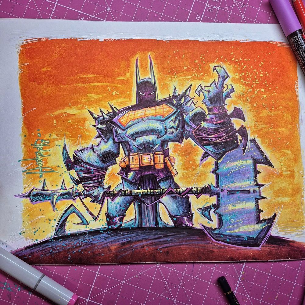 A chunky, armored Batman stands front and center against a fiery orange sky, gripping a jagged axe-staff. The scribbly, chaotic style pops with neon blues, purples, and splashes of turquoise over his spiky armor. He looks like he ate Gotham and asked for seconds.