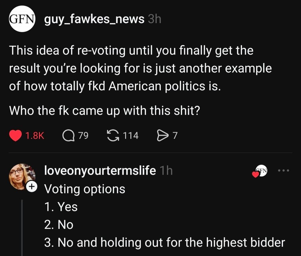 A post from @guy_fawkes_news calls out the rigged logic of American politics—where re-voting until the "right" answer appears is somehow normal. Beneath it, a savage reply from @loveonyourtermslife offers mock "voting options": 1. Yes, 2. No, 3. No and waiting for the highest bidder. Welcome to democracy™—where the outcome’s for sale and your vote’s just bait.