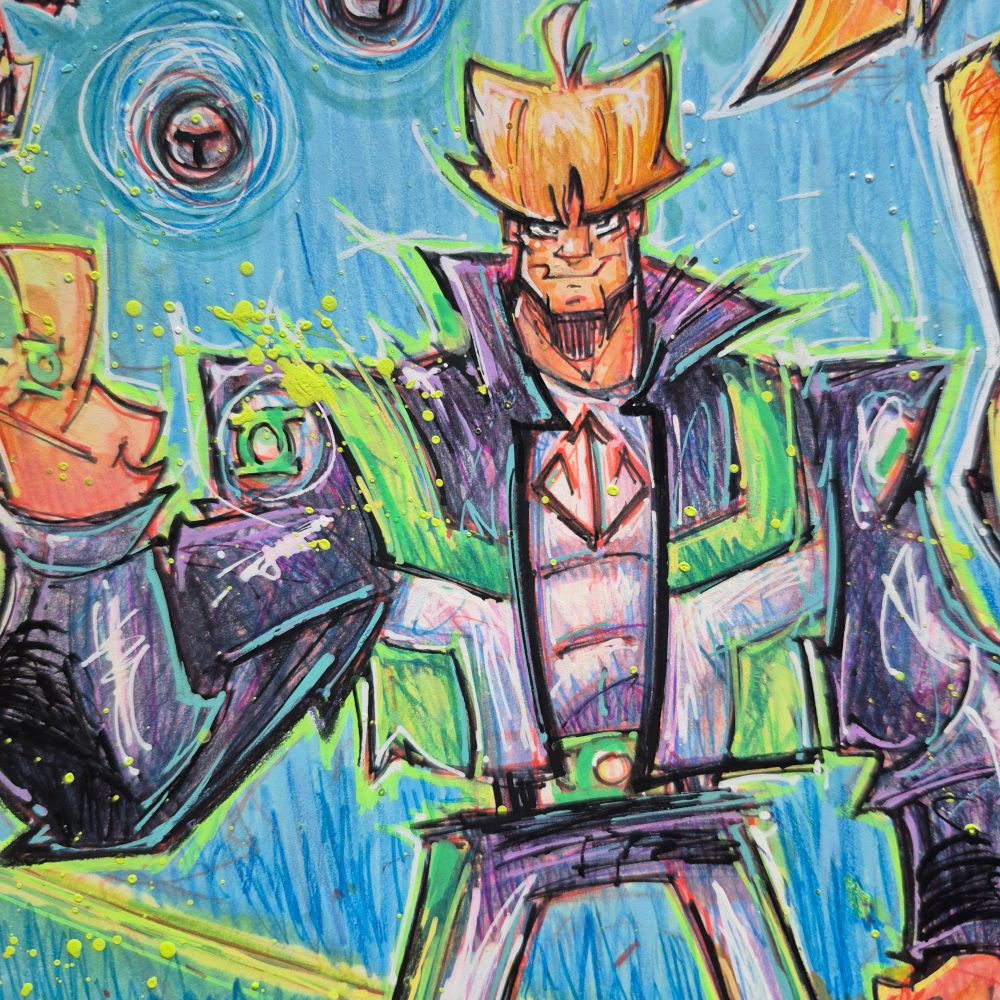A full-throttle blast of chaos and color featuring the Justice Gang—the “we’ve had enough of your crap” version of the Justice League straight from the Superman movie. Front and center: Guy Gardner, rockin’ that smug smirk, both power rings lit, summoning giant green hand constructs from the ground—including a middle finger aimed straight at the military-industrial complex. Yep, tanks flipping mid-air. Warheads? Toast. It’s Guy’s world, and we’re just catching strays. Behind him, floating cool as hell, is Mr. Terrific mid-calculation—fists glowing, jacket flying, clearly about to wreck someone’s whole worldview with math and magnets. Above him, Hawkgirl soars in, wings blazing gold, mace locked and loaded. She’s about to drop the hammer like a mythological WMD. The background swirls in cosmic energy—blue ripples, black voids, glowing chaos orbs—and the whole scene is exploding with comic book snack-level debris. Done in my Ruffy style, this piece is fast, raw, jagged—like a livewire sketch jam from Artist Alley. All linework, all color, all attitude. If Comic-Con had a backstage brawl between sketchbooks and caffeine, this would be the aftermath.