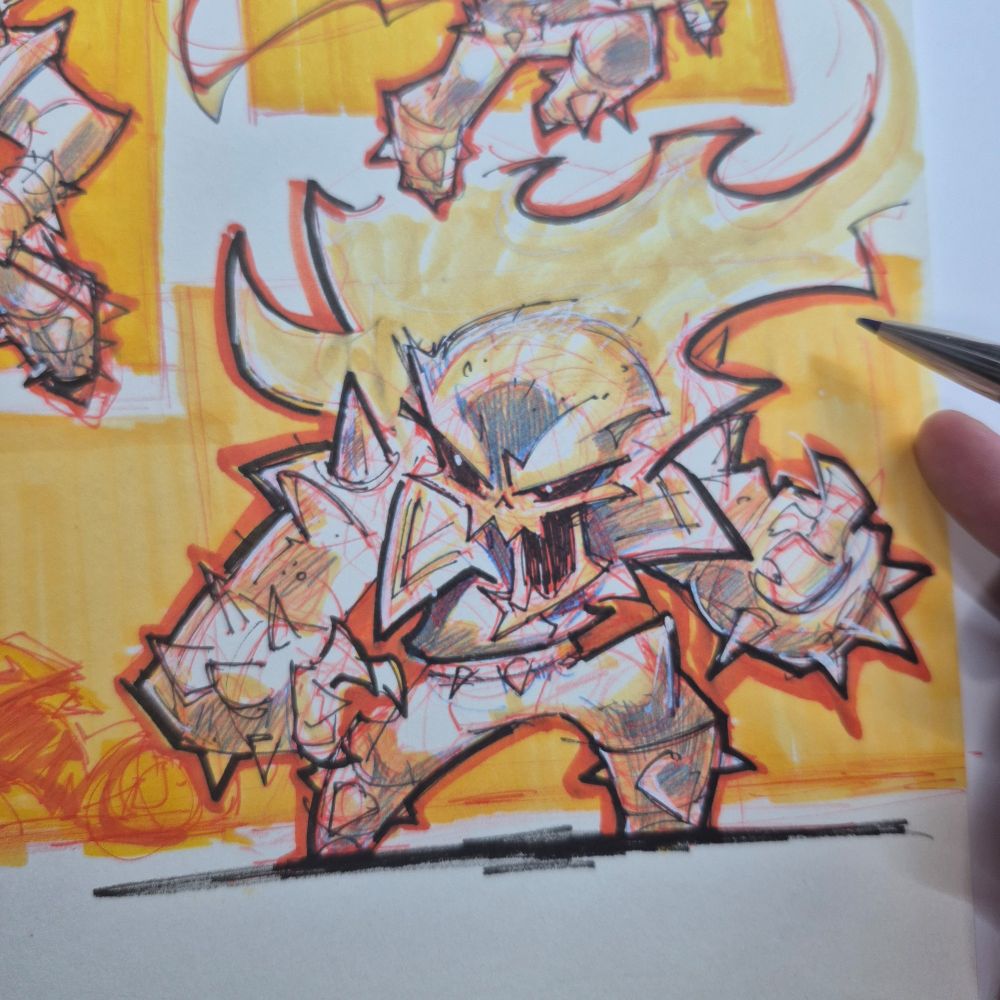 A stubby, squat Ghost Rider stomping forward like a fiery gremlin of vengeance. Flames lick off his skull helmet, fists clenched, spikes everywhere, looking like he wants your lunch money.