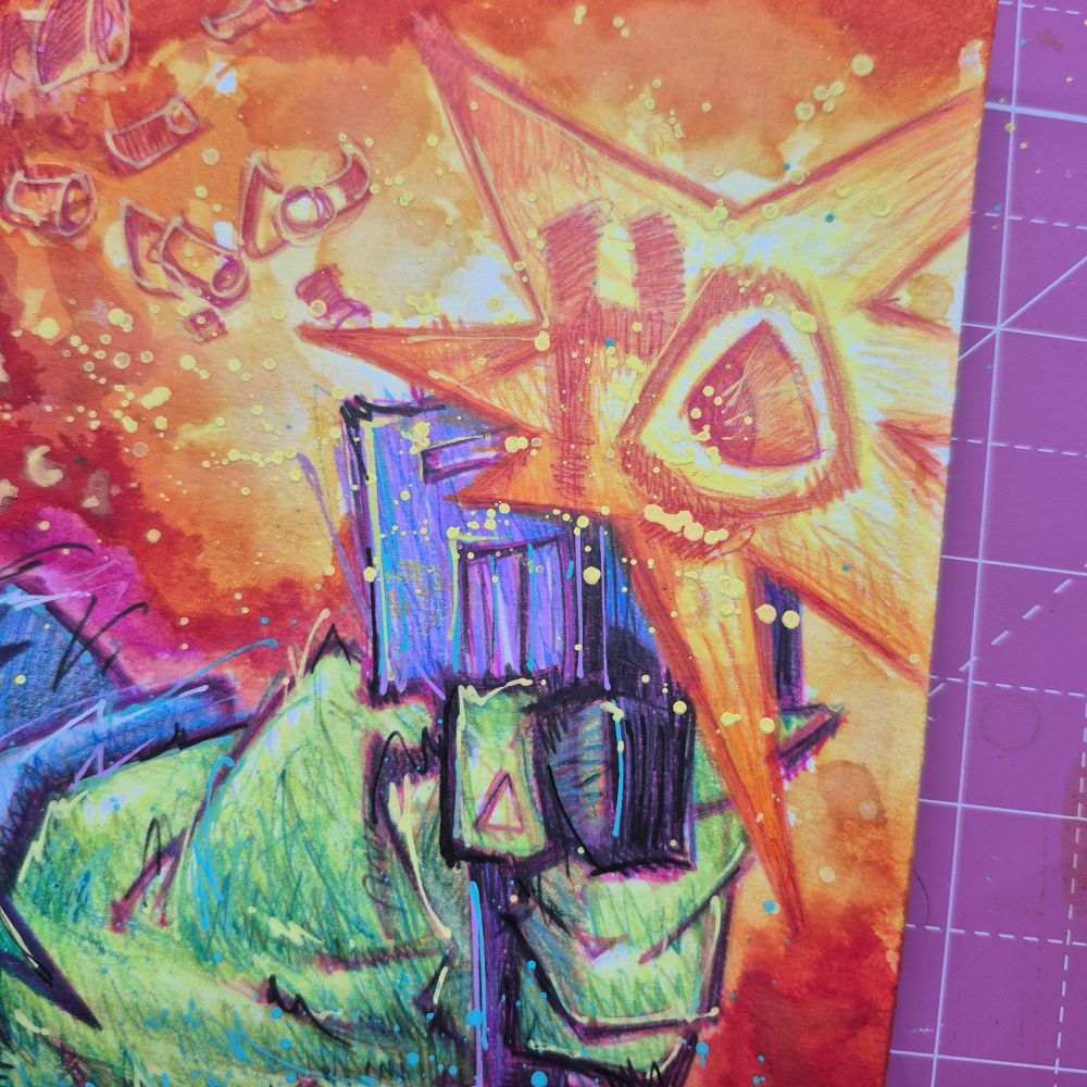 Hand-drawn commission of Savage Dragon, exploding through a fiery background in a vibrant, scribbly mixed-media style. Neon oranges, hot pinks, and intense greens dominate the scene with comic-book energy.