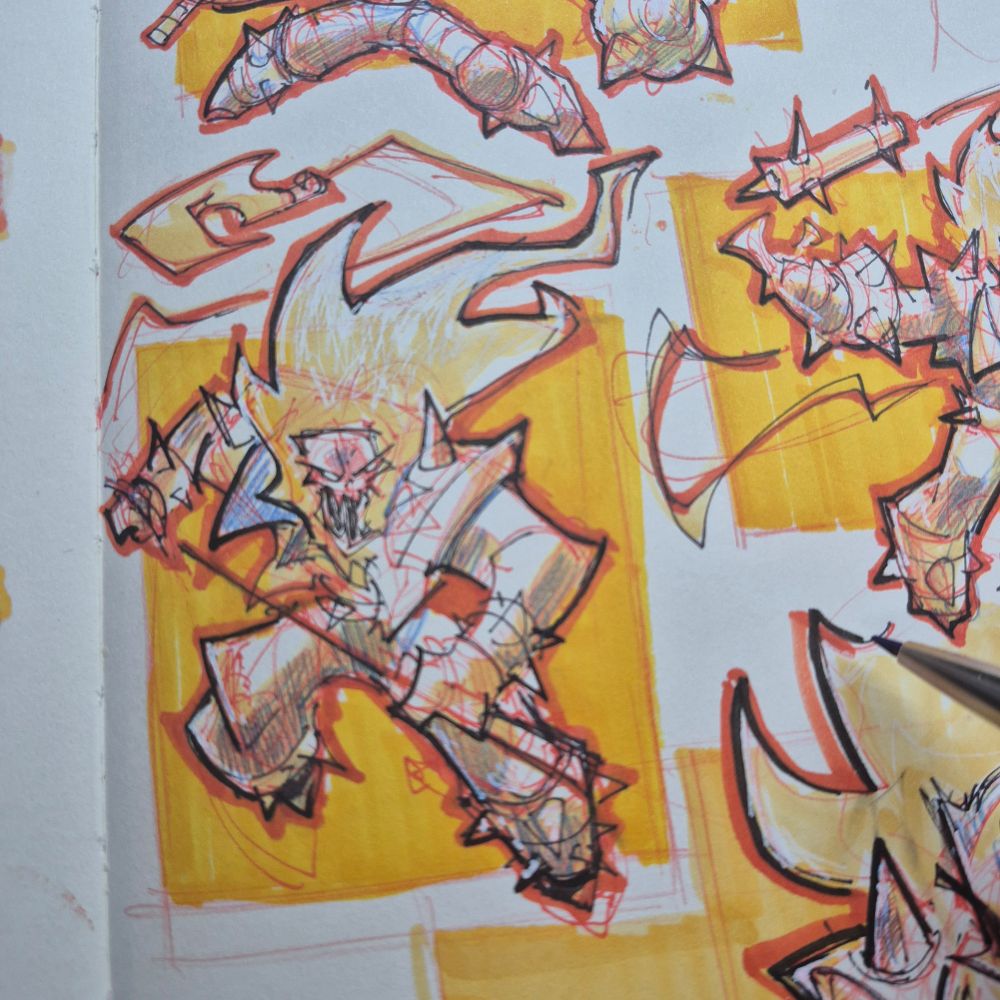Ghost Rider mid‑air, teeth bared, mace swinging like he’s about to ruin somebody’s Tuesday. Spiky boots, flaming head, and jagged orange highlights cranked to eleven.