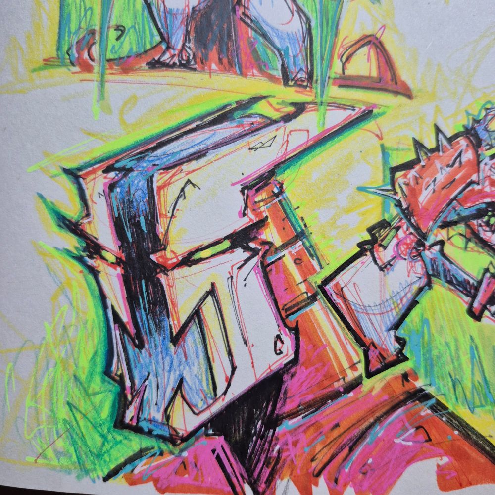 Close‑up of Rat City Spawn’s helmet, all jagged metal and sharp edges, glowing with neon pinks, yellows, and greens. His white eyes cut through the page like he’s ready to raise hell and keep the Spawn‑point locked.