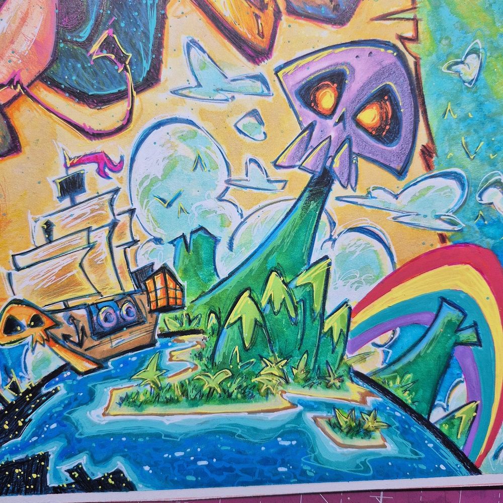 An 11x14 mixed-media Peter Pan scribbly, bursting with comic-mag energy. Peter’s frozen mid-leap, arms wide, like he just cannonballed out of the page. Behind him, a hand-drawn treasure map curls at the edges—Skull Island broods in the distance, a pirate ship cuts through choppy teal waves, and a rainbow arcs in like it’s crashing the scene. The background is stacked with layered greens, ocean blues, and gold highlights, all scribbled and scuffed in that loose, high-energy style that makes the whole piece feel alive and in motion.