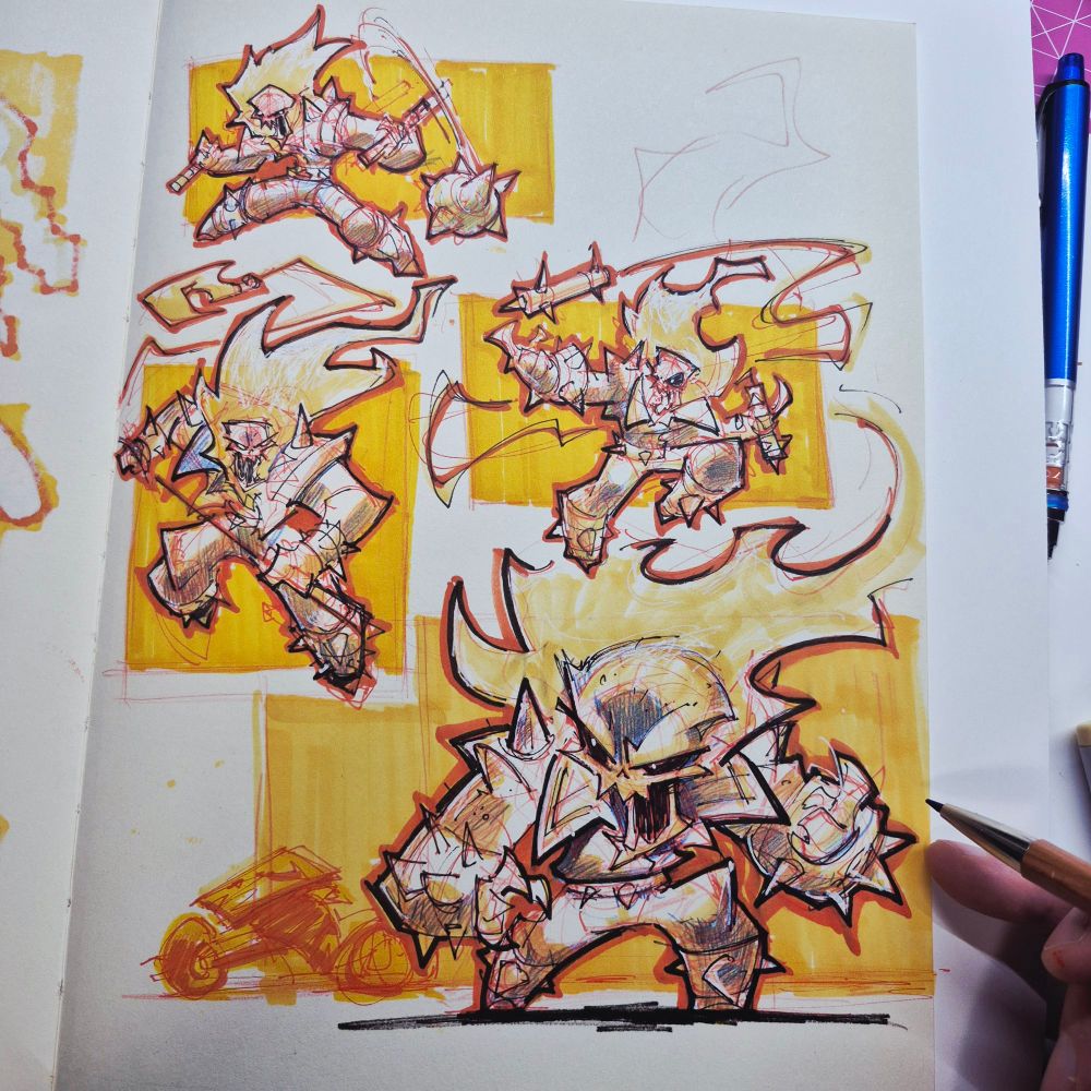 A sketchbook page packed with Ghost Rider doodles, all spiky armor and flaming hair, jumping, swinging maces, and looking ready to rumble. Bright orange marker blocks make him pop like he’s leaping out of a Saturday morning fever dream.