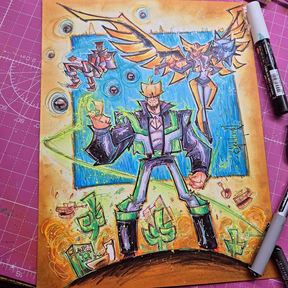 A full-throttle blast of chaos and color featuring the Justice Gang—the “we’ve had enough of your crap” version of the Justice League straight from the Superman movie. Front and center: Guy Gardner, rockin’ that smug smirk, both power rings lit, summoning giant green hand constructs from the ground—including a middle finger aimed straight at the military-industrial complex. Yep, tanks flipping mid-air. Warheads? Toast. It’s Guy’s world, and we’re just catching strays. Behind him, floating cool as hell, is Mr. Terrific mid-calculation—fists glowing, jacket flying, clearly about to wreck someone’s whole worldview with math and magnets. Above him, Hawkgirl soars in, wings blazing gold, mace locked and loaded. She’s about to drop the hammer like a mythological WMD. The background swirls in cosmic energy—blue ripples, black voids, glowing chaos orbs—and the whole scene is exploding with comic book snack-level debris. Done in my Ruffy style, this piece is fast, raw, jagged—like a livewire sketch jam from Artist Alley. All linework, all color, all attitude. If Comic-Con had a backstage brawl between sketchbooks and caffeine, this would be the aftermath.