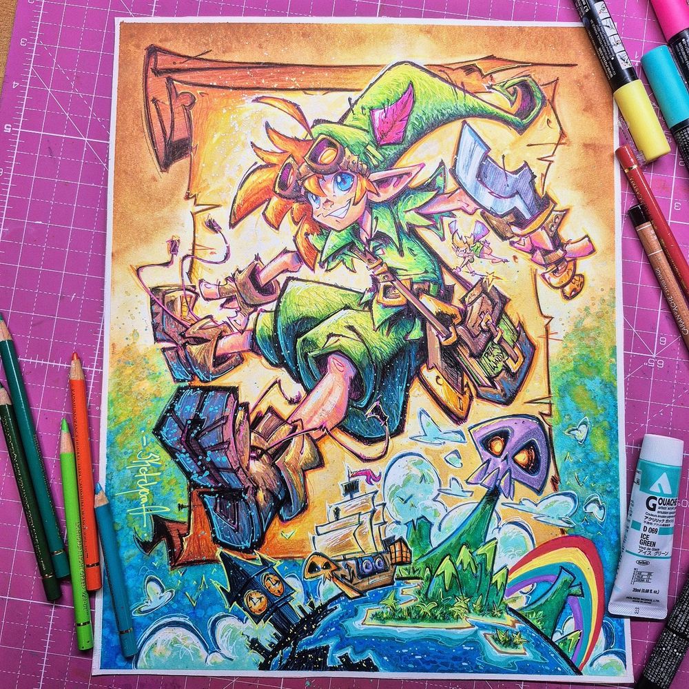 An 11x14 mixed-media Peter Pan scribbly, bursting with comic-mag energy. Peter’s frozen mid-leap, arms wide, like he just cannonballed out of the page. Behind him, a hand-drawn treasure map curls at the edges—Skull Island broods in the distance, a pirate ship cuts through choppy teal waves, and a rainbow arcs in like it’s crashing the scene. The background is stacked with layered greens, ocean blues, and gold highlights, all scribbled and scuffed in that loose, high-energy style that makes the whole piece feel alive and in motion.