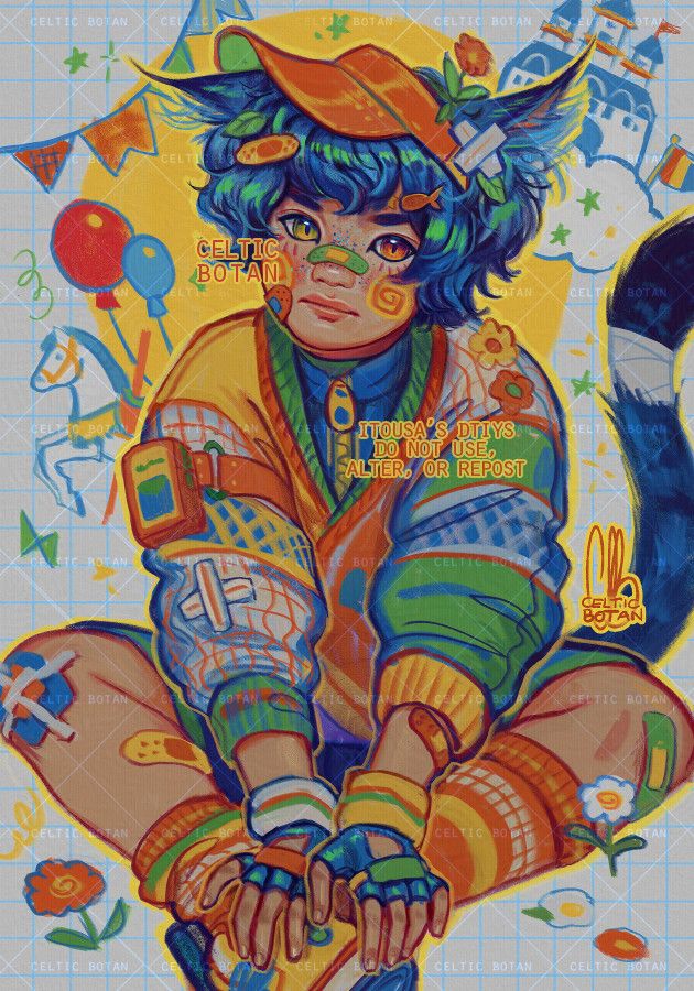 digital art in colors with the texture and vibe of colored pencils. It depicts itousa's OC, a child with cat ears and a tail. The kid has heterochromia, right side green and left side orange, both eyes with cat-like pupils; they have light skin, blue hair, ears and tail, and is wearing a very bright, colorful outfit - a sun visor crooked on the top of their head, a loose jacket, fingerless gloves, shorts, tall socks and sneakers. The outfit is all in shades of bright yellow, green, orange, blue. The kid jas colorful band-aids and bandages on the bridge of their nose, knees, legs, arm, and a facepaint of yellow and orange swirls, one on each cheek. The child is sitting with their hands on their shoes and looking at us with a serious face. Behind them, there's many figures as if drawn by a kid with colored pencils, carnival themed - a merry-go-round horse, balloons and little flags, a castle, stars, confetti and flowers. 