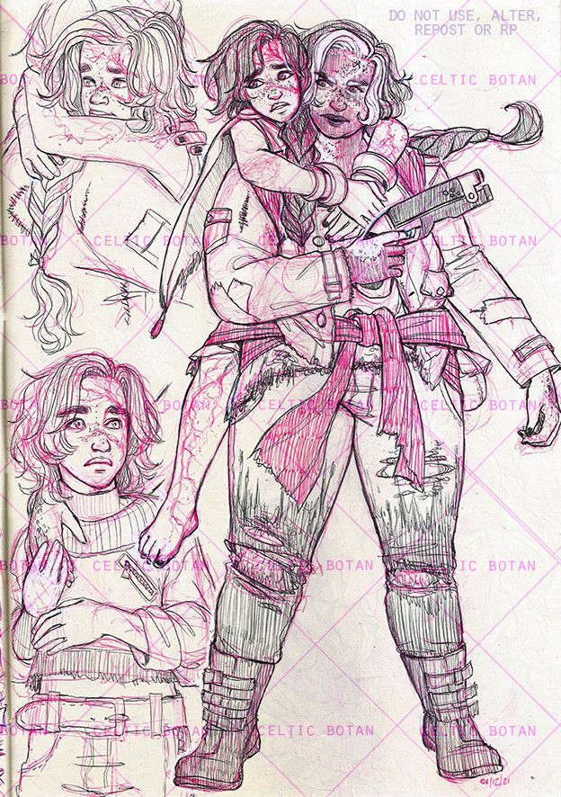 Black and pink ballpoint pen sketches on paper. Various drawings of my OC Persie (she/her trans woman) and Jupiter (she/they) when they were around 9. Persie is mixed race (black/indigenous), is fat and has long, wavy-curly hair. She has vitiligo, which affects her body and the front portion of her hair. Jupiter is a small kid with a Lichtenberg scar (she was hit by lightning) going from the top of their head to their right foot; Jupiter doesn't have her left leg, up the knee. Persie is saving Jupiter, carrying her on her back in the main drawing, and is hugging her on the others