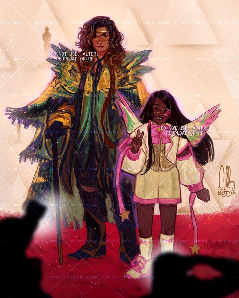 digital drawing mimicking a red carpet picture, featuring my OCs Jupiter and Jillian. Jupiter is a 42yo nb person (she/they) with tan/golden freckled skin and below shoulder length wavy, layered brown hair with some greys showing, a longer section on her left side, braided. Her eyes are brown and they're wearing gold makeup. She's wearing a very flamboyant cape that's gold, teal and blue with many wings decorating the chest, pointing outside around her shoulders. Underneath, they are wearing a teal and dark blue pants and boots. Jupiter is holding a cane on her right hand (they have a left prosthetic leg, but it's covered by the pants here). Jillian is an 8 year old gnc trans boy with very dark skin, dark brown eyes, and long, dark, straight hair that's waist-length. He's wearing a fun, child-like variation of a white-cream smoking with pink details, with shorts, tall socks, sneakers, a waistcoat and a blazer with puffy sleeves, a large, pink bow on his neck, Sailor Moon-like. He has a pair of white angel wings on his back, with pink and teal on the tips of the feathers.  Jillian is wearing a fun, glittery makeup, pink around his eyes and little gold stars and glitter on his cheeks. Jupiter is standing, looking at us serious, and Jillian is standing doing a Peace sign with one of his hands, smiling widely. On the foreground, we can see the blurred silhouettes of the "photographers" taking their pics on the red carpet!