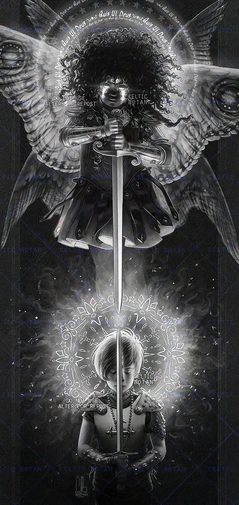 Digital art in black and white representing Saint Joan of Arc and Saint Michael the Archangel. Saint Joan here is represented as a 10yo little girl with short hair and a thick fringe combed to the side. She's wearing an armor with crosses and a rosary around her neck, and there's a shiny, flaming halo behind her, made her symbols (fleur de lis, swords). She has her eyes closed and she's holding a sword, straight up, in front of her. Saint Michael here is an ethereal young black person with thick, dark afro styled hair and braids framing their face. Their eyes are shining bright and eyes are painted down their cheeks also with light. They're wearing a roman soldier type of armor, holding a sword down, its tip almost touching Joan's, and St Michael has 3 pair of white wings, with eye-shapes marks like moths wings. Behind their head, multiple halos made of the phrase QUIS UT DEUS? (latin for "Who is Like God?", the meaning of Michael's name). 