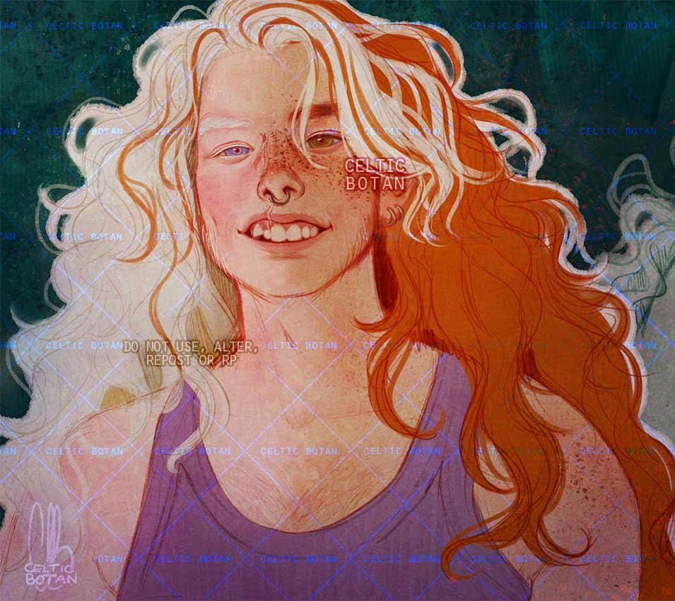 Cassie (he/him), my trans man OC; it's a digital, colored portrait of him. Cassie here is around 37, he's white with long, waist-length curly hair that's red on the left side and white on the right side. His skin on the right side is affected by albinism in this version (sometimes, I represent that side as having burning scars, depending on the AU/version of him). His left eye is his natural eye color, green, and the right side is also affected, light blue and blind on that side. His skin is freckled where it's not affected by albinism. He also has a scar on his upper lip on the right side (cleft lip); he has a nostril ring piercing and some earrings on his ear. He's looking at us, with a bright, large smile on, and he's wearing a violet, sleeveless shirt