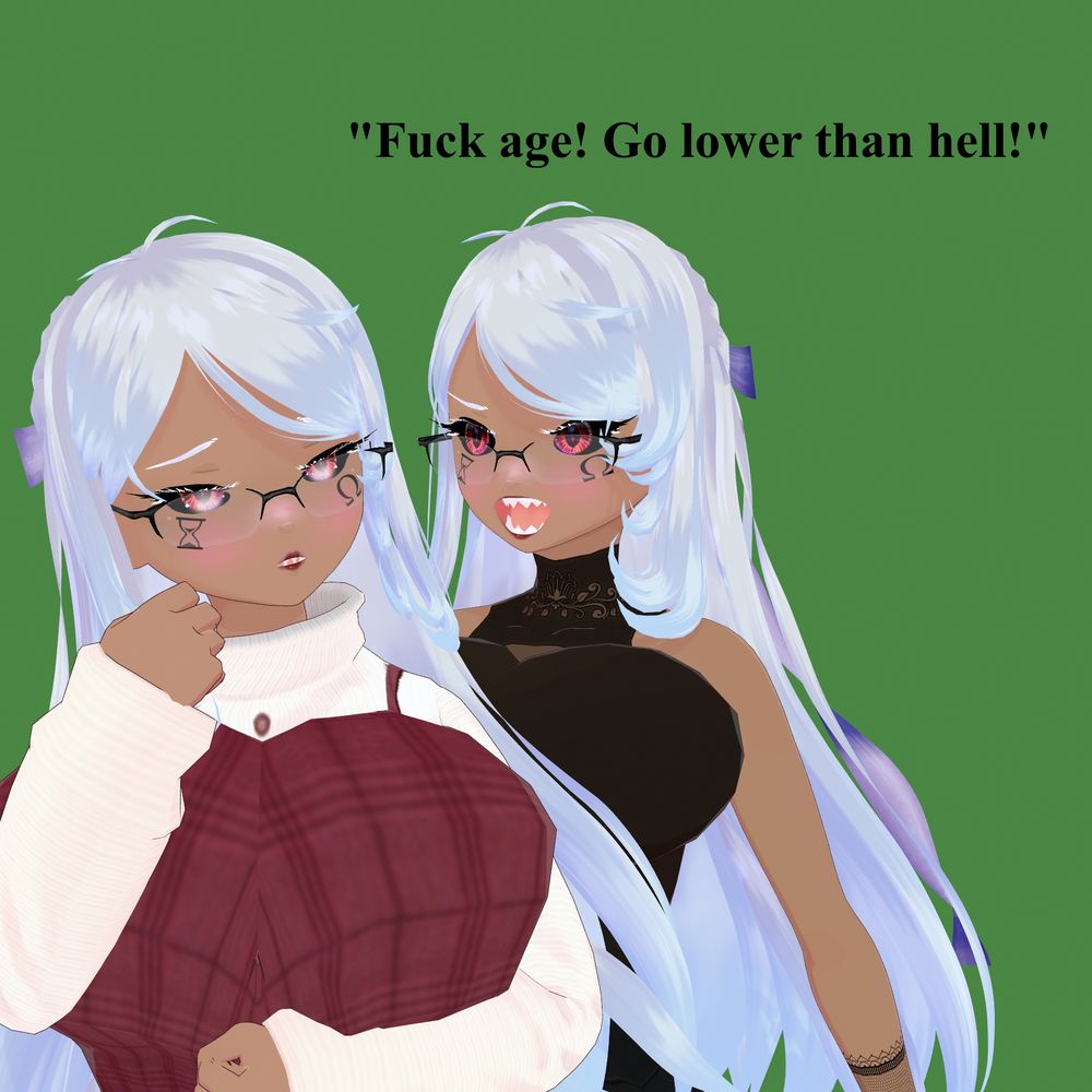 Model me in my usual outfit yelling at casual outfit me "Fuck age! Go lower than hell!"