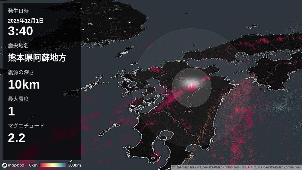 2025年12月1日3時40分頃、熊本県阿蘇地方を震源とする地震がありました。震源の深さは約10km、地震の規模はM2.2と推定されています。