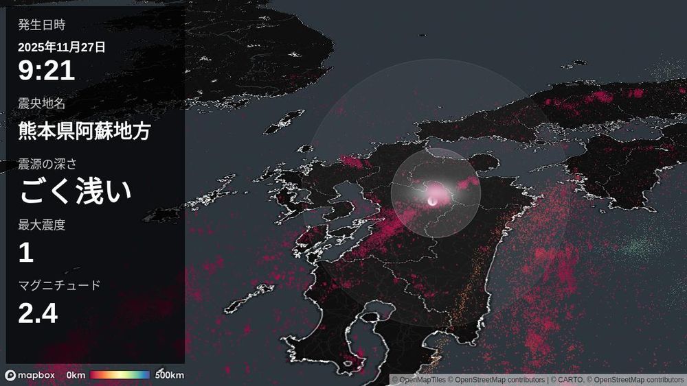 2025年11月27日9時21分頃、熊本県阿蘇地方を震源とする地震がありました。震源の深さはごく浅く、地震の規模はM2.4と推定されています。