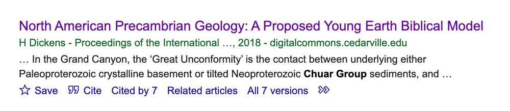 Google Scholar entry for a young Earth creationist paper entitled "North American Precambrian Geology: A Proposed Young Earth Biblical Model"
